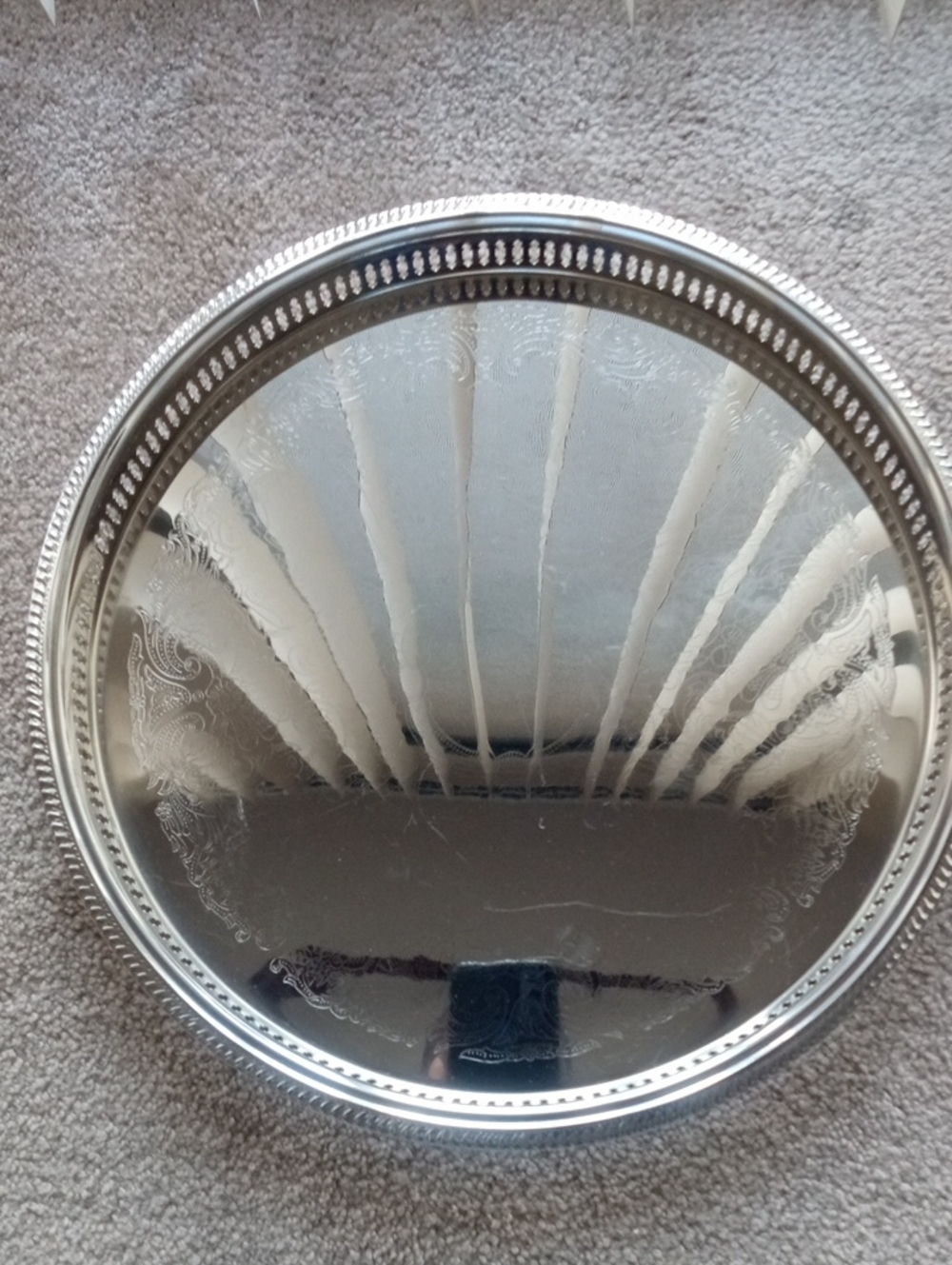Round Silver Plated Serving Tray - Ornate Border Gorham